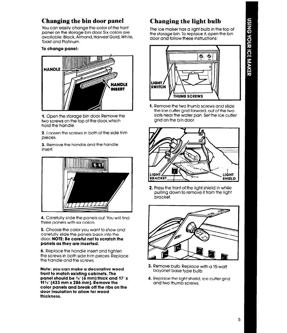 Changing the bin door panel, Changing the light bulb | Whirlpool EC5100 User Manual | Page 5 / 12