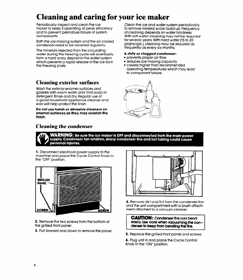 Cleaning and caring for your ice maker, Cleaning exterior surfaces, Cleaning the condenser | Cleaning exterior surfaces cieaning the condenser | Whirlpool EC5100 User Manual | Page 6 / 12