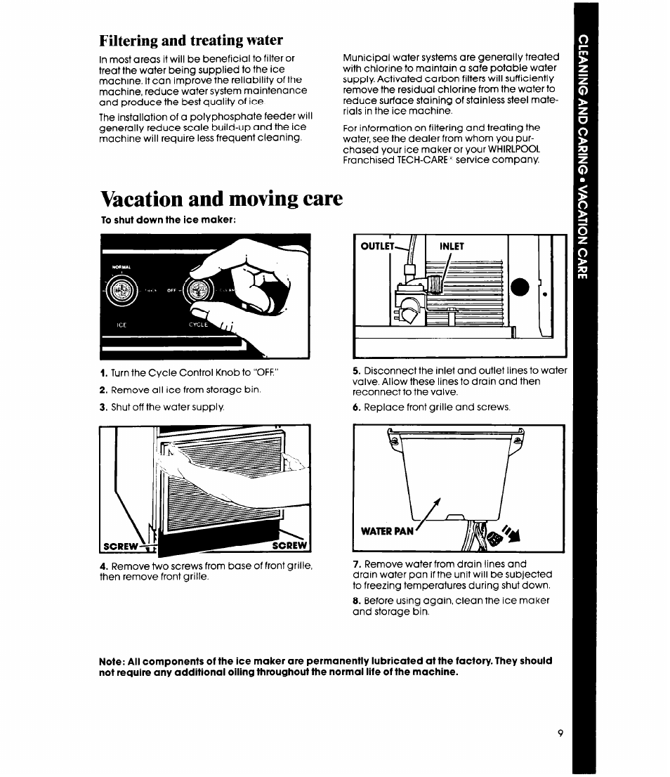 Filtering and treating water, Vacation and moving care | Whirlpool EC5100 User Manual | Page 9 / 12