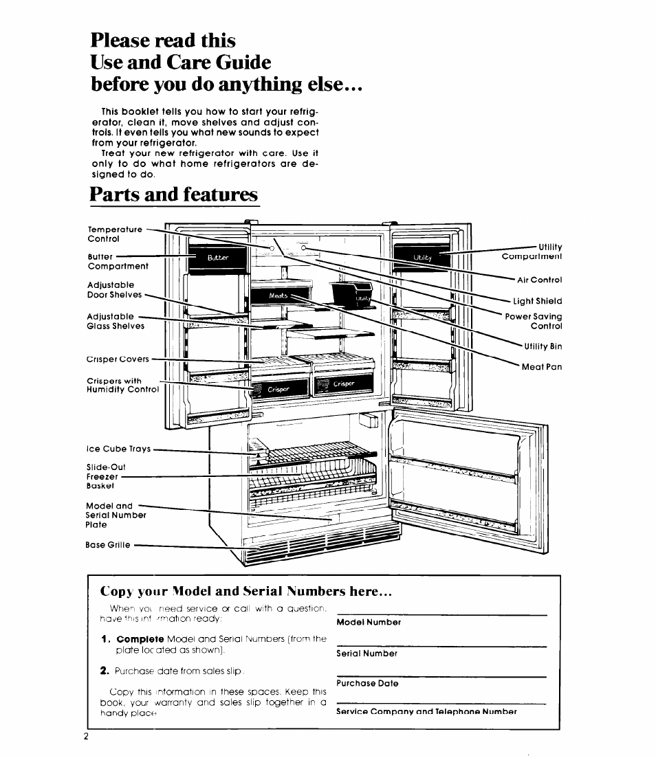 Parts and features, Copy your !vfodel and serial numbers here | Whirlpool EB19MK User Manual | Page 2 / 16