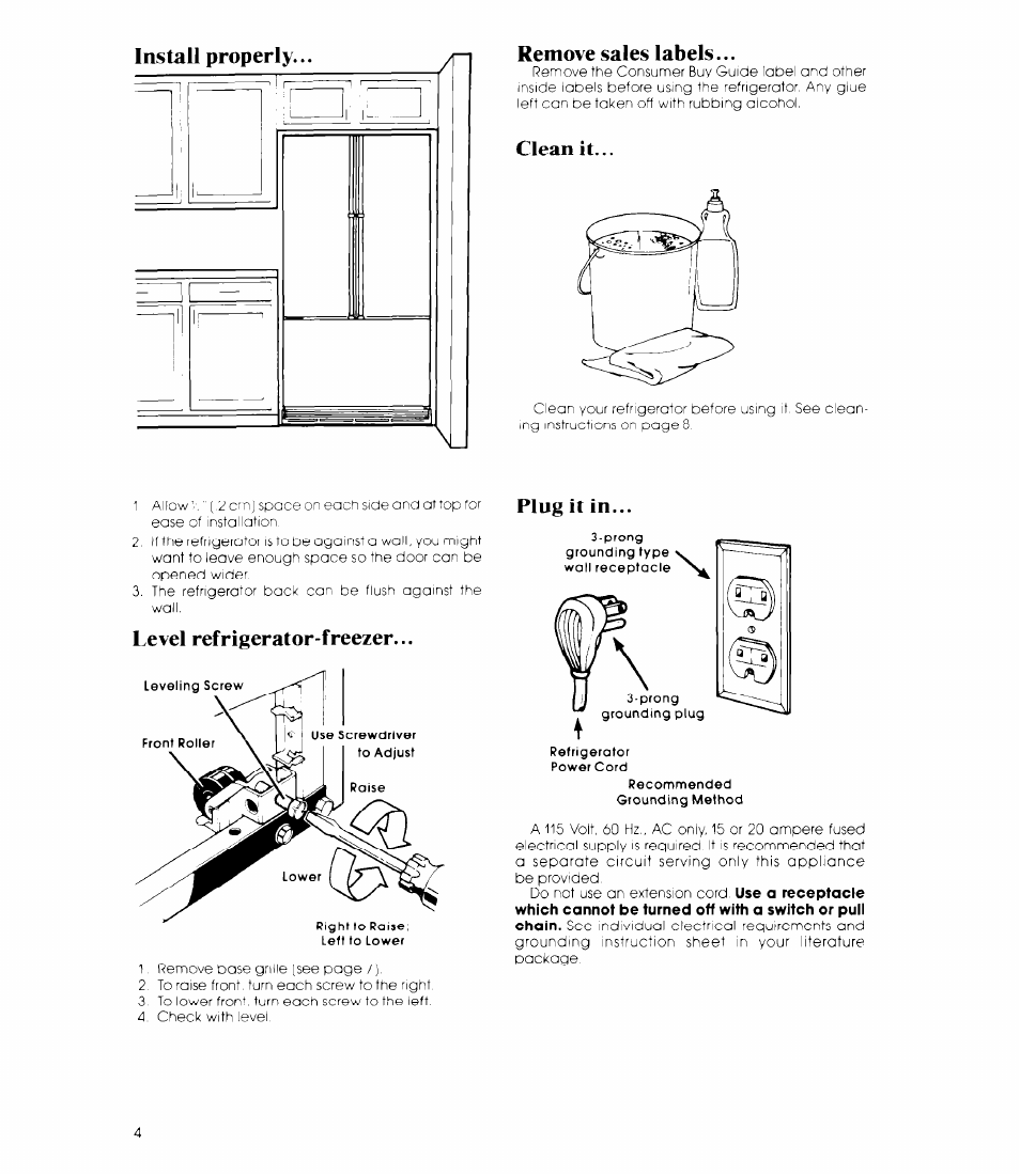 Remove sales labels, Clean it, Level refrigerator-freezer | Plug it in, Level refrigerator-freezer remove sales labels, Level refrigerator-freezer... plug it in | Whirlpool EB19MK User Manual | Page 4 / 16