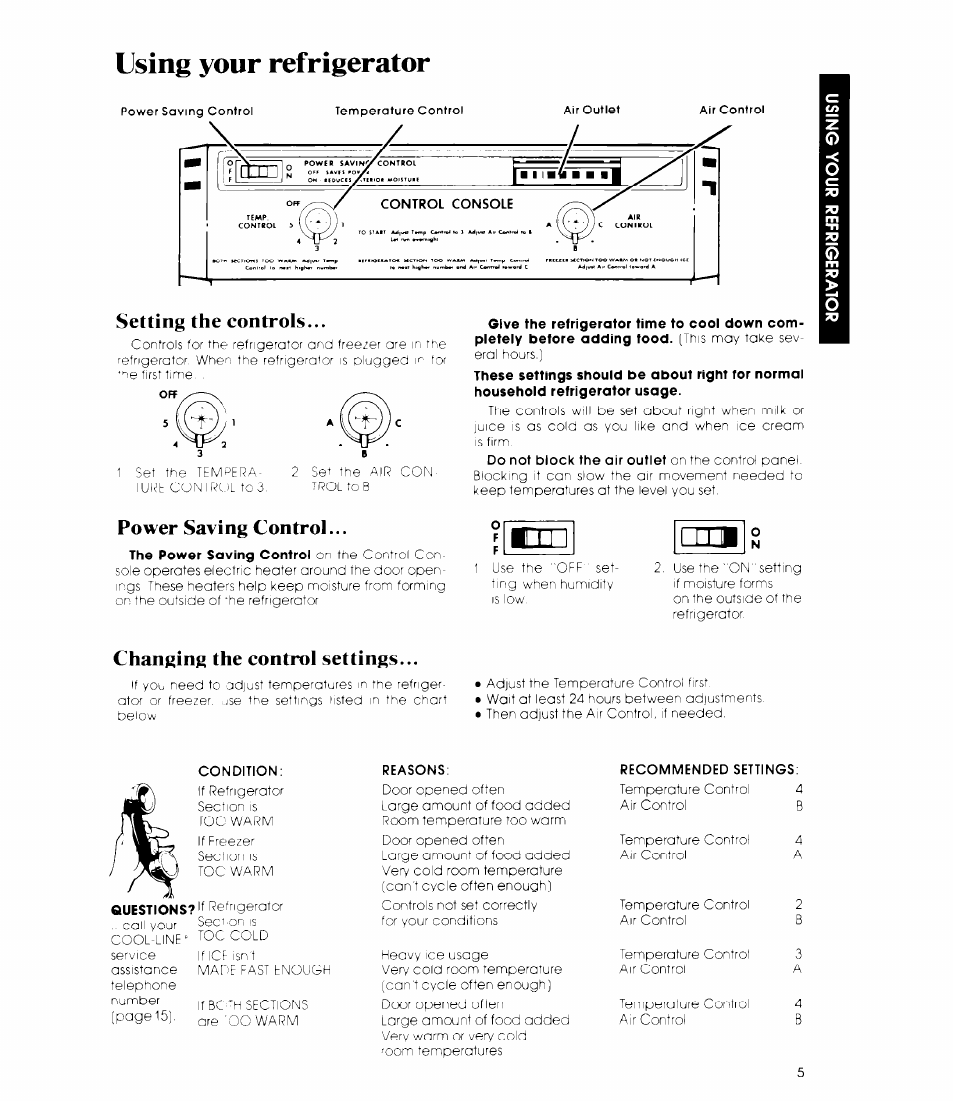 Setting the controls, Power saving control, Changing the control settings | Power saving control changing the control settings, Using your refrigerator | Whirlpool EB19MK User Manual | Page 5 / 16