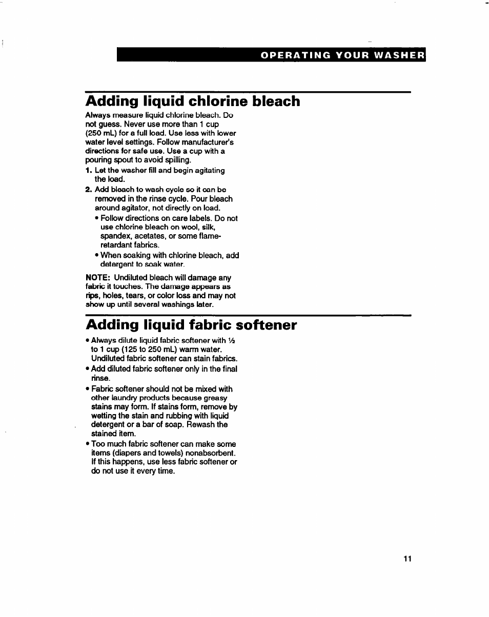 Adding liquid chlorine bleach, Adding liquid fabric softener | Whirlpool 3396314 User Manual | Page 11 / 34