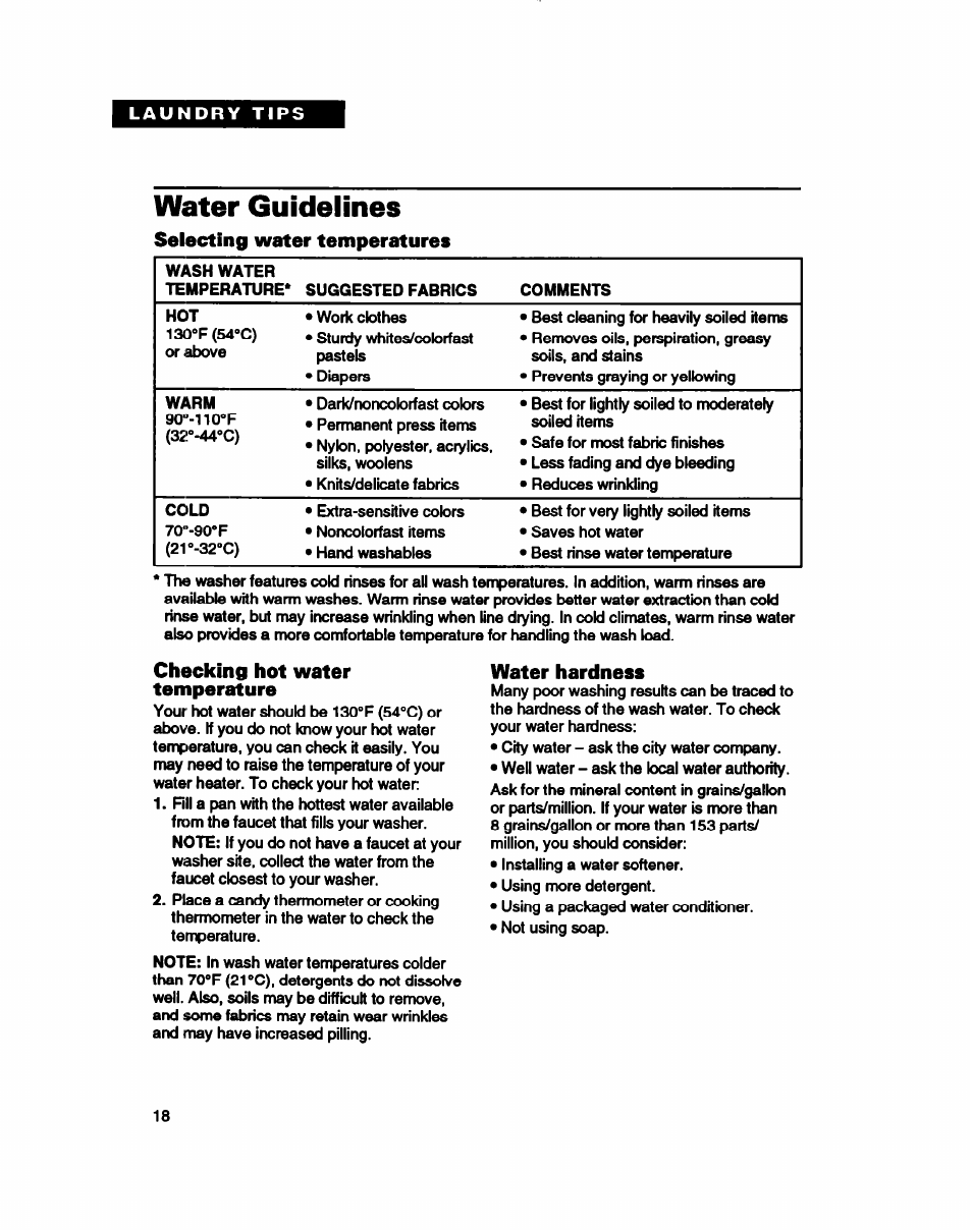 Water guidelines, Selecting water temperatures, Checking hot water temperature | Water hardness | Whirlpool 3396314 User Manual | Page 18 / 34