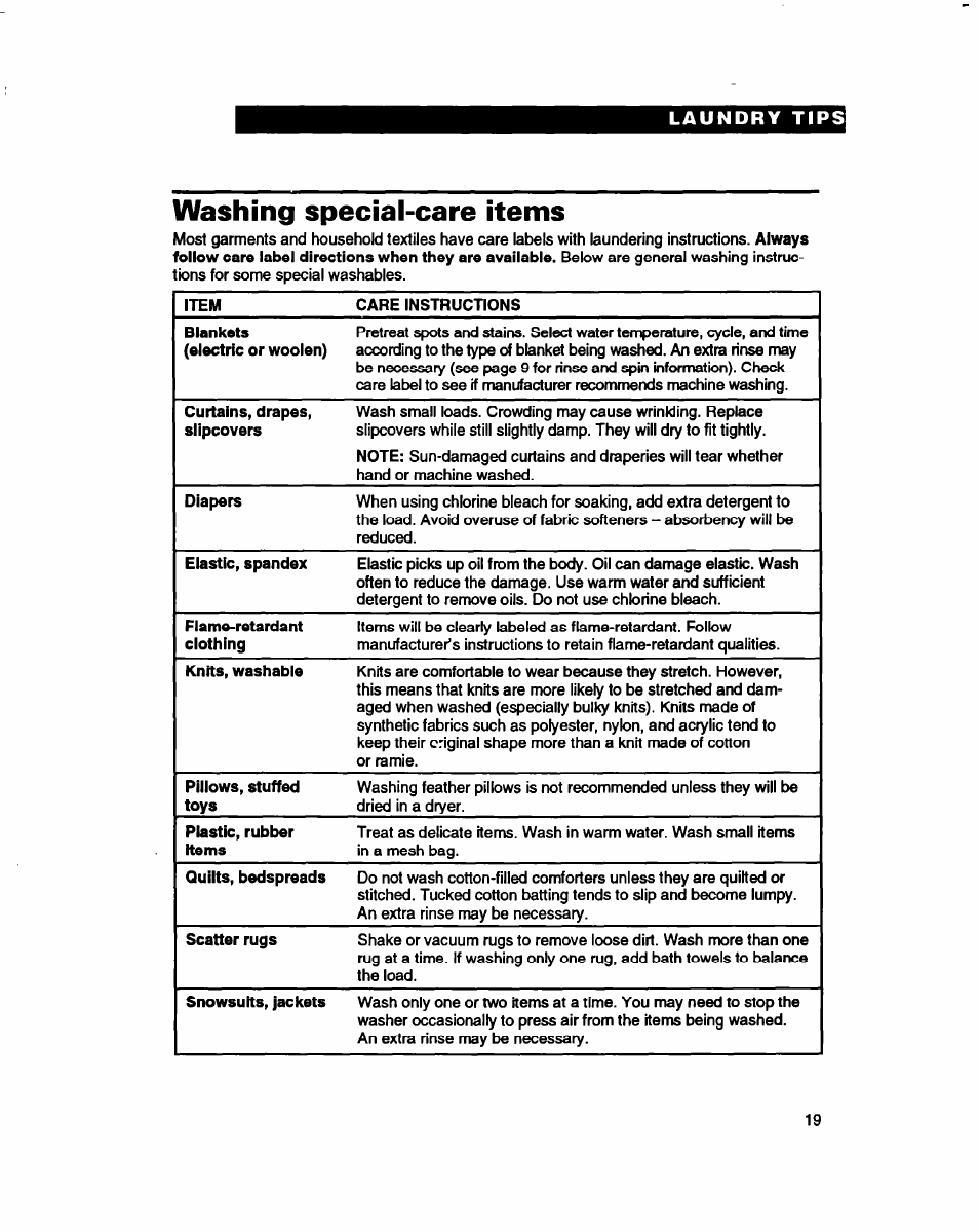 Washing special-care items | Whirlpool 3396314 User Manual | Page 19 / 34