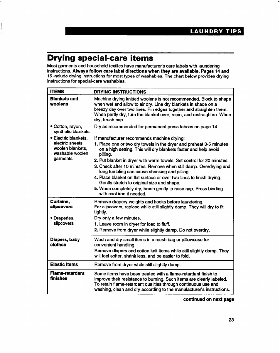 Drying special-care items | Whirlpool 3396314 User Manual | Page 23 / 34