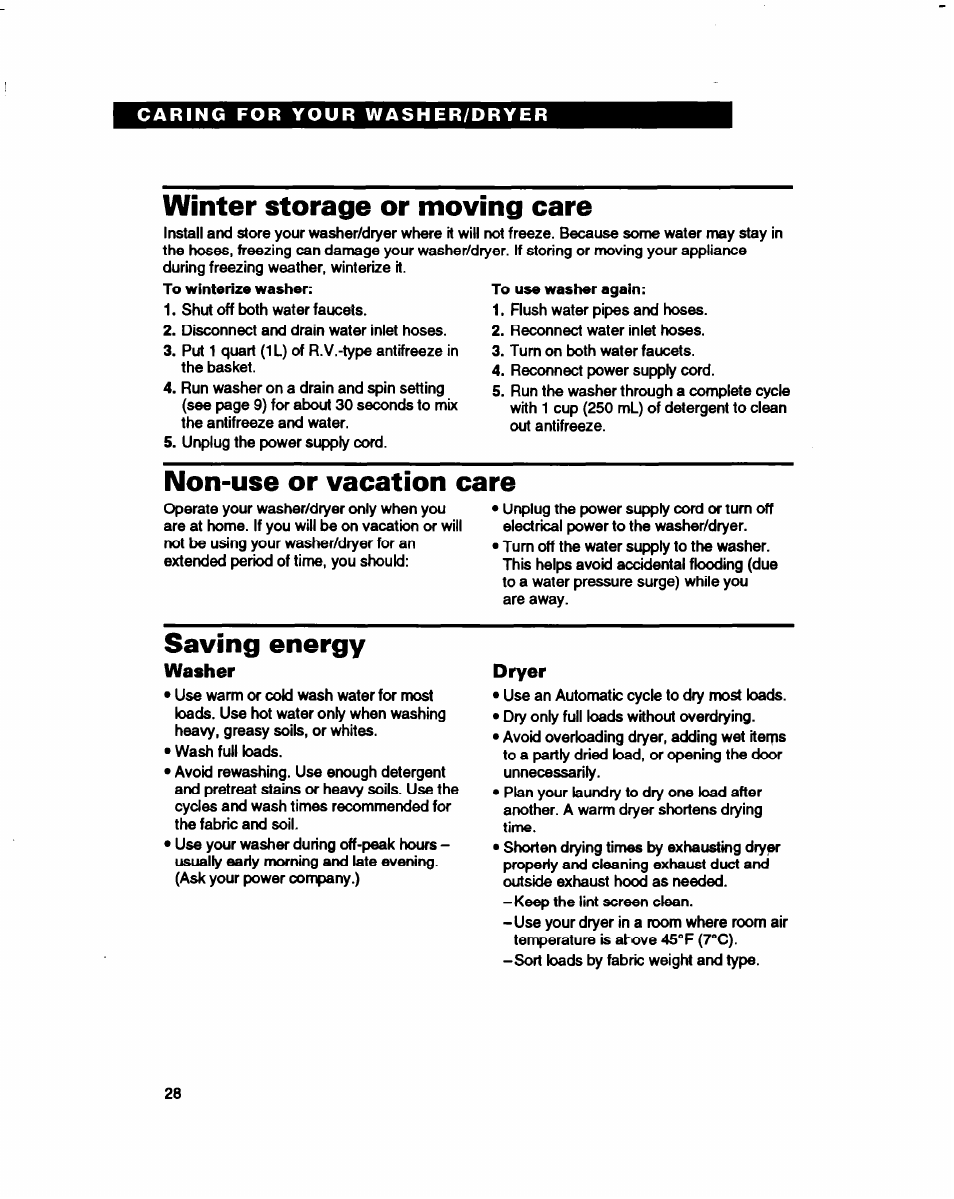 Winter storage or moving care, Non-use or vacation care, Saving energy | Washer, Dryer | Whirlpool 3396314 User Manual | Page 28 / 34