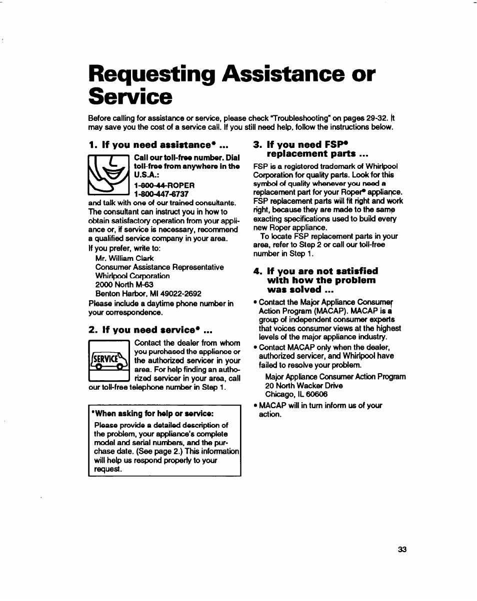 Requesting assistance or service, If you need assistance, If you need service | If you need fsp* replacement parts | Whirlpool 3396314 User Manual | Page 33 / 34