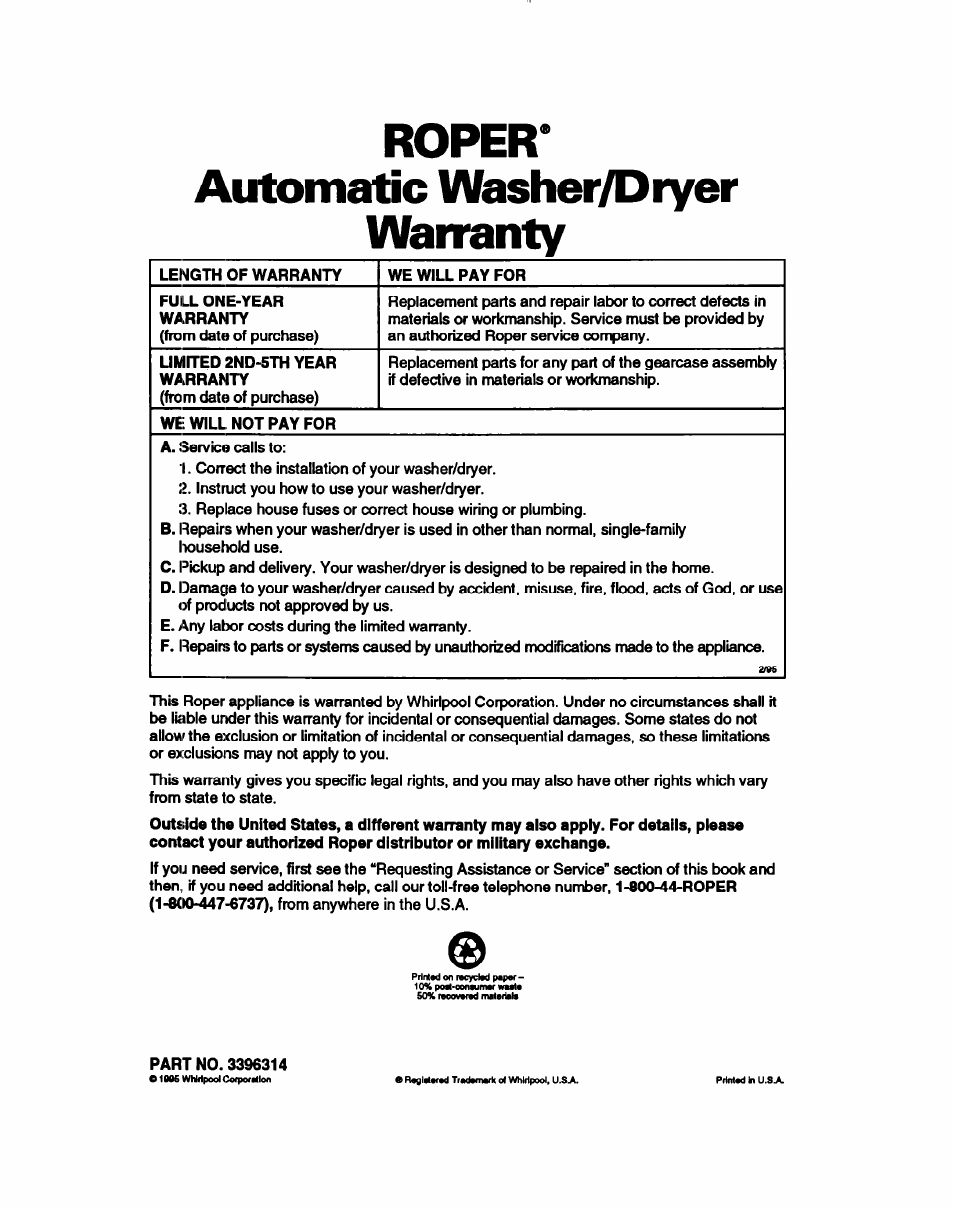 Roper, Automatic washer/dryer, Warranty | Roper* automatic washer/dryer warranty | Whirlpool 3396314 User Manual | Page 34 / 34