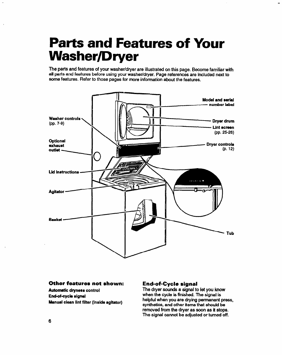 Parts and features of your washer/d ryer, End-of-cycle signal | Whirlpool 3396314 User Manual | Page 6 / 34