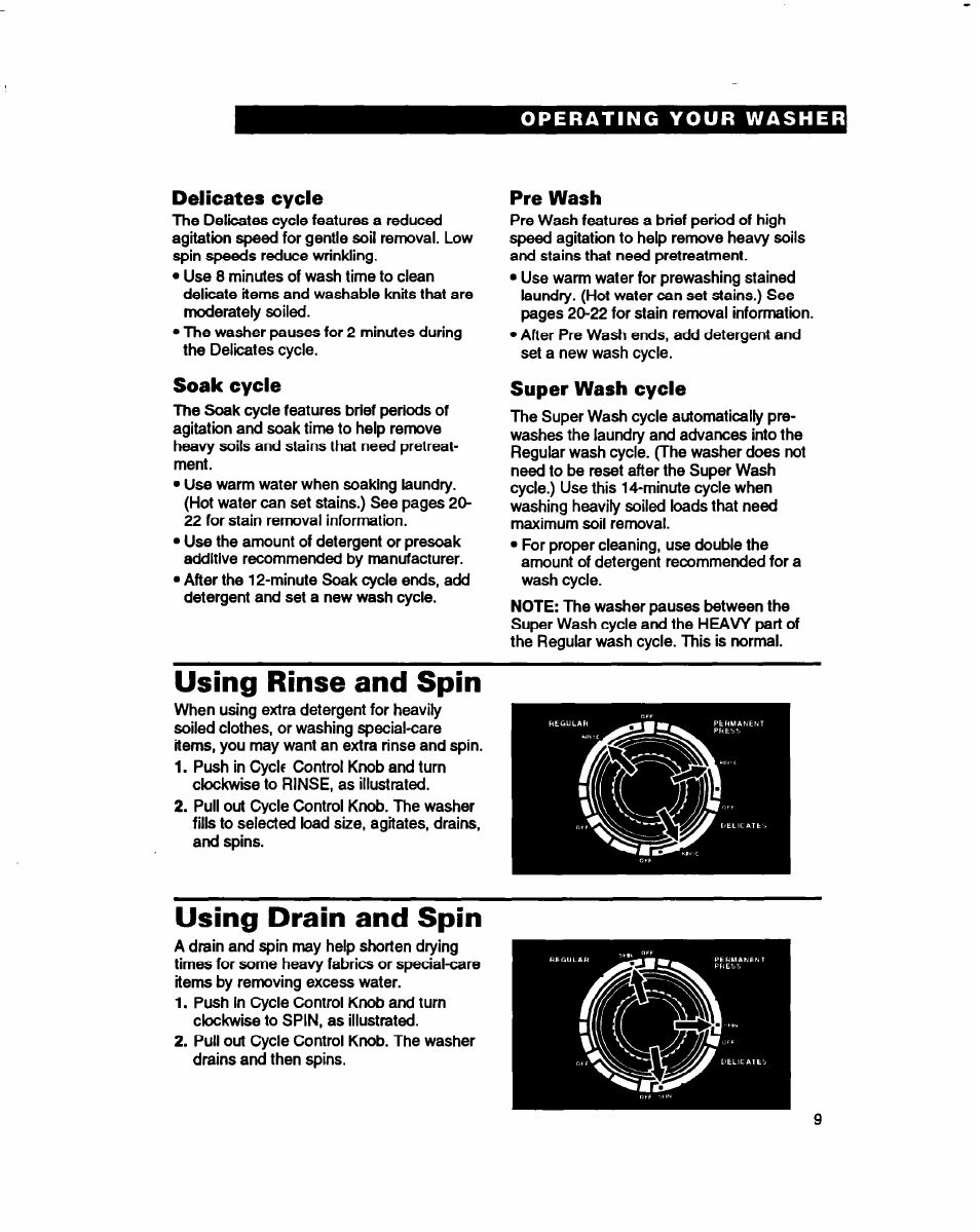 Délicates cycle, Soak cycle, Pre wash | Super wash cycle, Using rinse and spin, Using drain and spin | Whirlpool 3396314 User Manual | Page 9 / 34