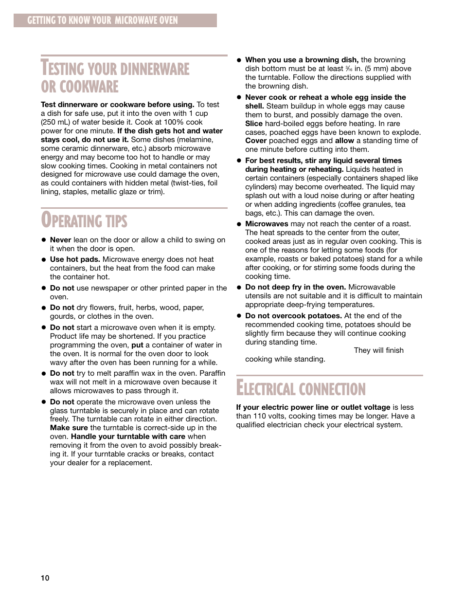 Testing your dinenrware or cookware, Operating tips, Electrical connection | Esting your dinnerware or cookware, Perating tips, Lectrical connection, Getting to know your microwave oven | Whirlpool GM8155XJ User Manual | Page 10 / 60