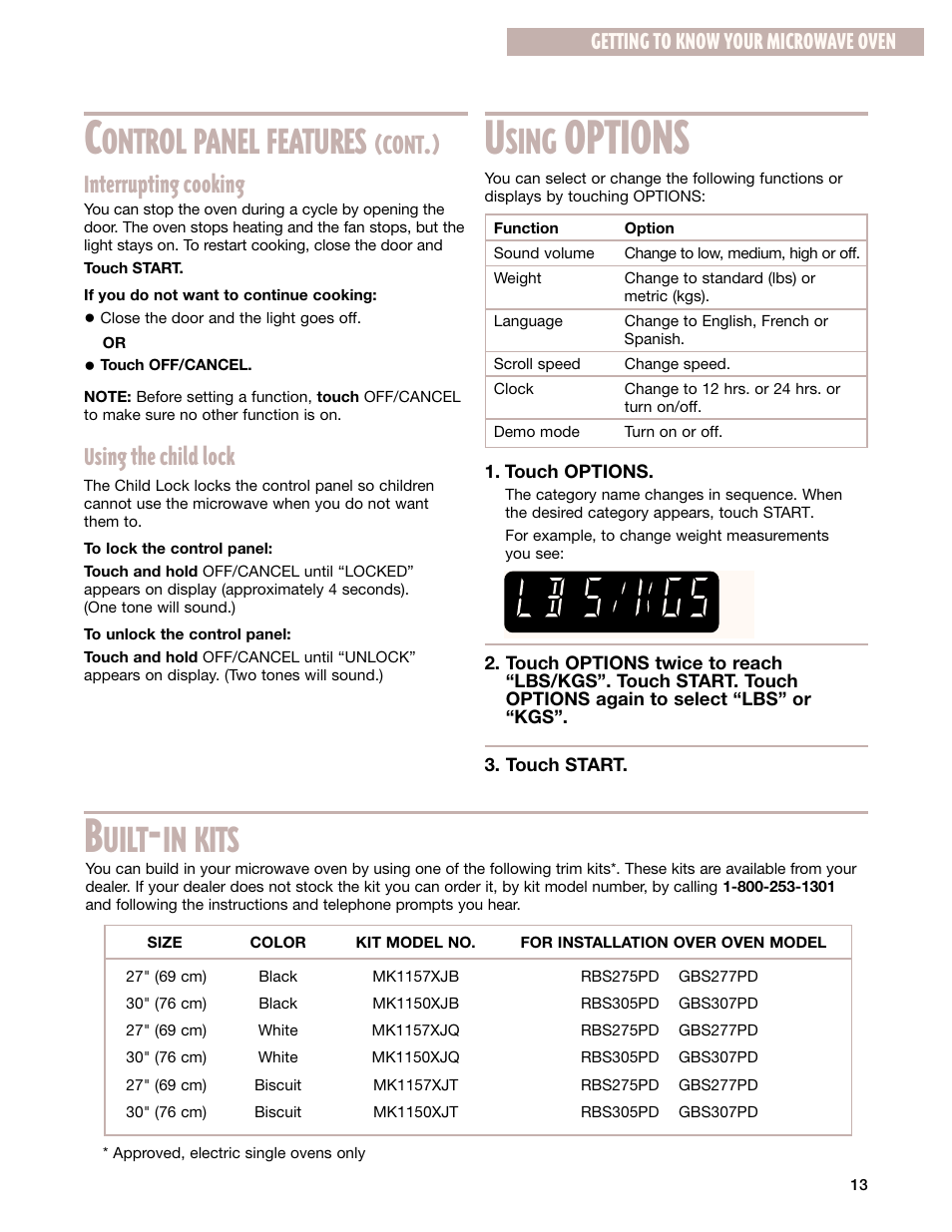 Using options, Built-in kits, Options | Sing, Ontrol panel features, Uilt, Cont, Interrupting cooking, Using the child lock, Getting to know your microwave oven | Whirlpool GM8155XJ User Manual | Page 13 / 60