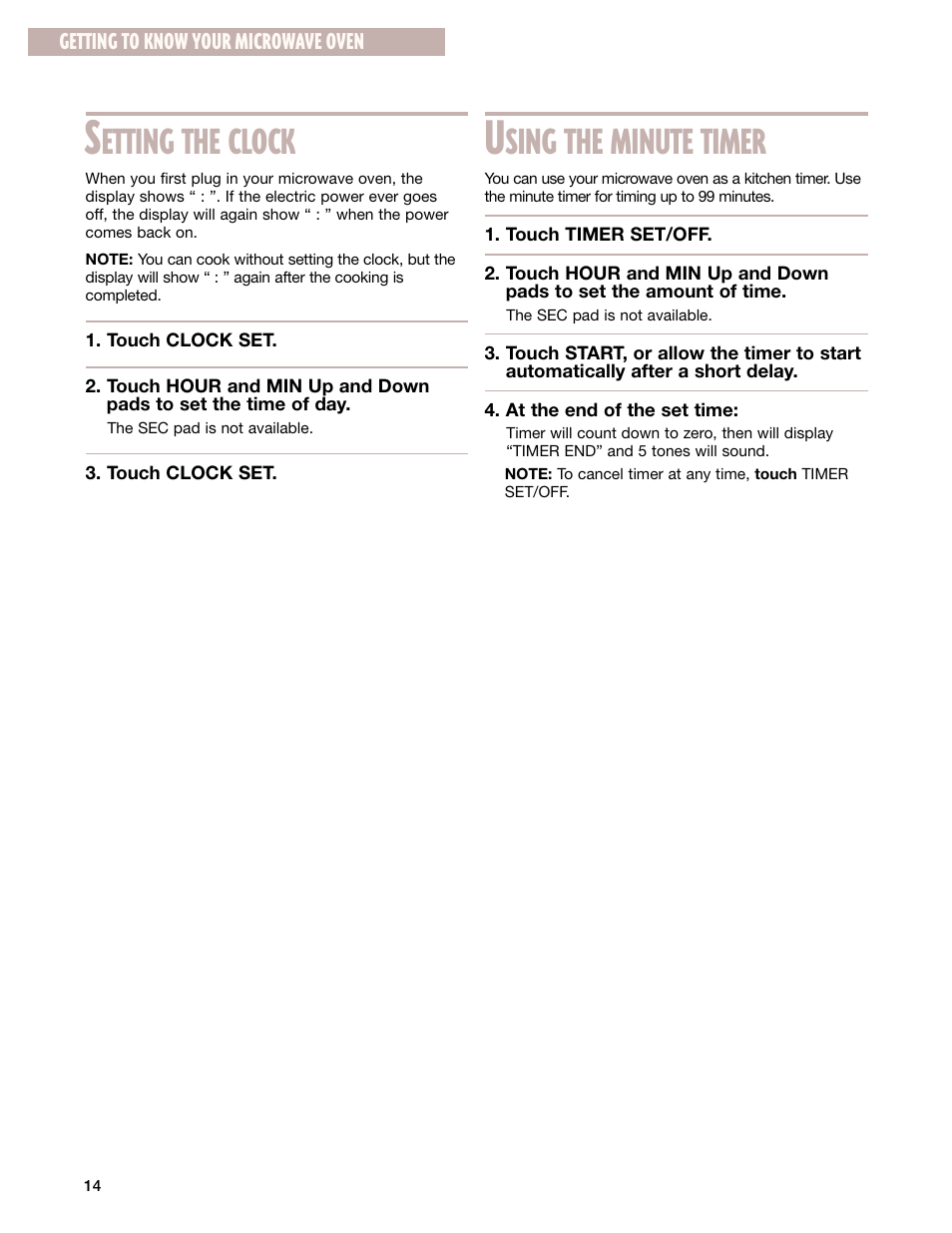 Setting the clock, Using the minute timer, Etting the clock | Sing the minute timer | Whirlpool GM8155XJ User Manual | Page 14 / 60