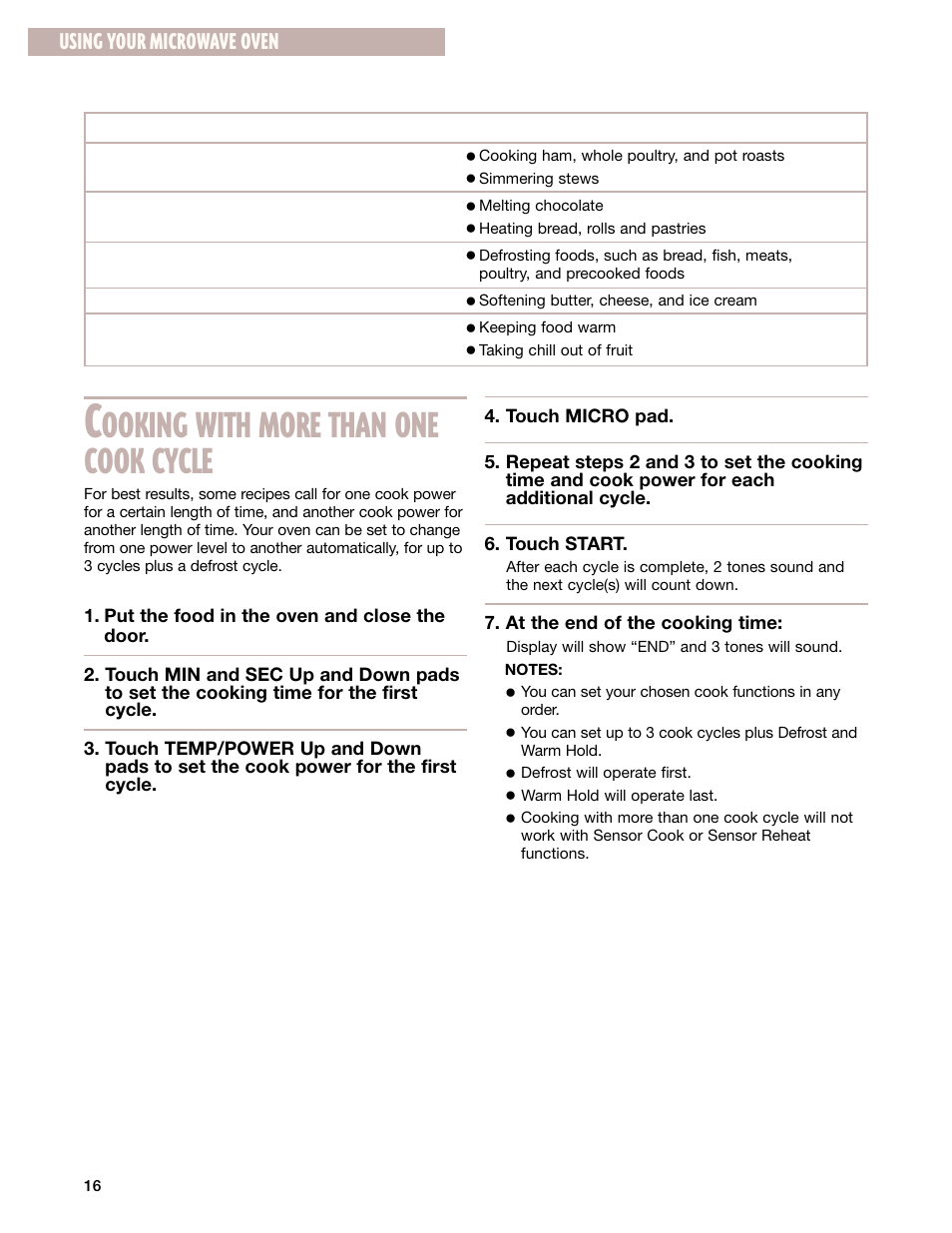 Ooking with more than one cook cycle, Using your microwave oven | Whirlpool GM8155XJ User Manual | Page 16 / 60