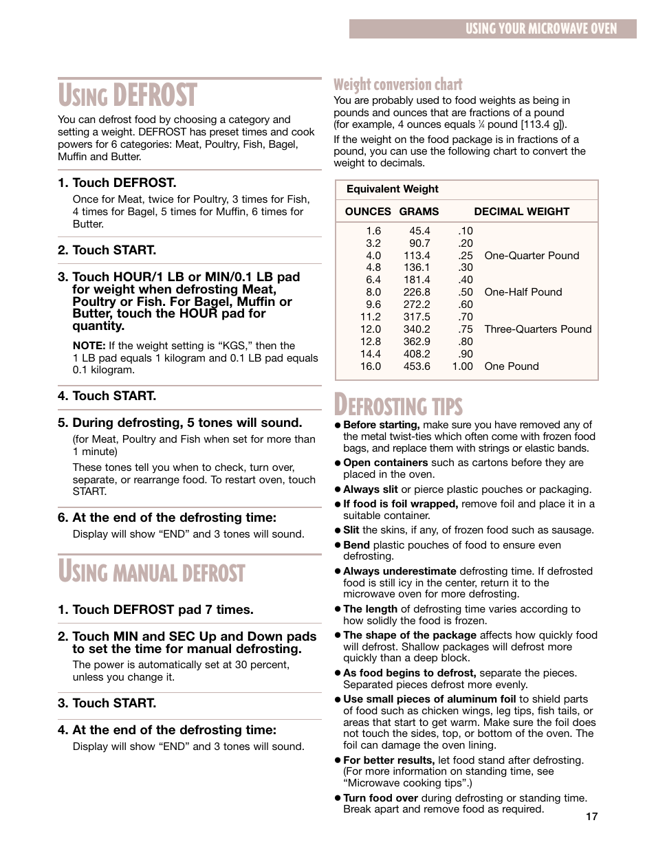 Defrost, Sing, Sing manual defrost | Efrosting tips, Weight conversion chart, Using your microwave oven | Whirlpool GM8155XJ User Manual | Page 17 / 60