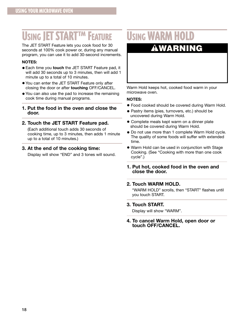 Jet start™ f, Warm hold, Sing | Eature, Wwarning | Whirlpool GM8155XJ User Manual | Page 18 / 60