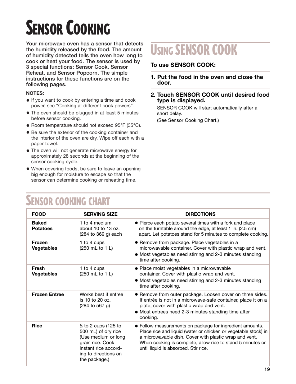 Sensor cooking, Ensor, Ooking | Sensor cook, Sing, Ensor cooking chart | Whirlpool GM8155XJ User Manual | Page 19 / 60