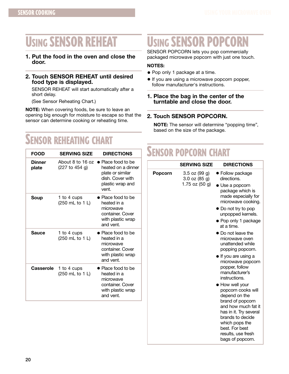 Sensor popcorn, Sensor reheat, Sing | Ensor popcorn chart, Ensor reheating chart, Using your microwave oven, Sensor cooking | Whirlpool GM8155XJ User Manual | Page 20 / 60