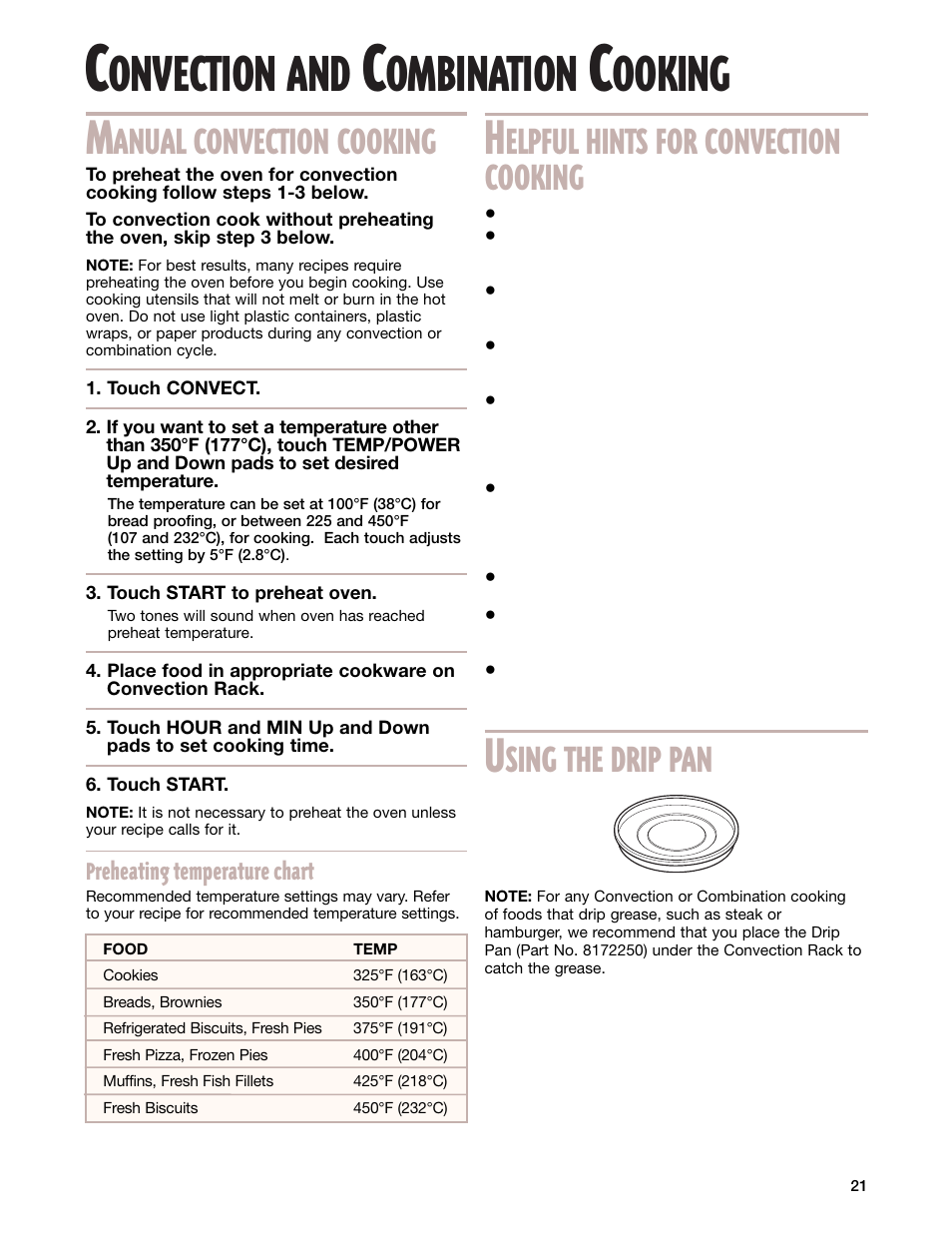 Convection and combination cooking, Onvection and, Ombination | Ooking, Anual convection cooking, Elpful hints for convection cooking, Sing the drip pan | Whirlpool GM8155XJ User Manual | Page 21 / 60