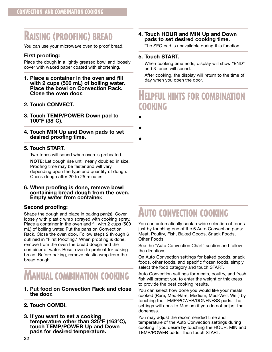 Aising, Proofing, Bread | Anual combination cooking, Elpful hints for combination cooking, Uto convection cooking | Whirlpool GM8155XJ User Manual | Page 22 / 60