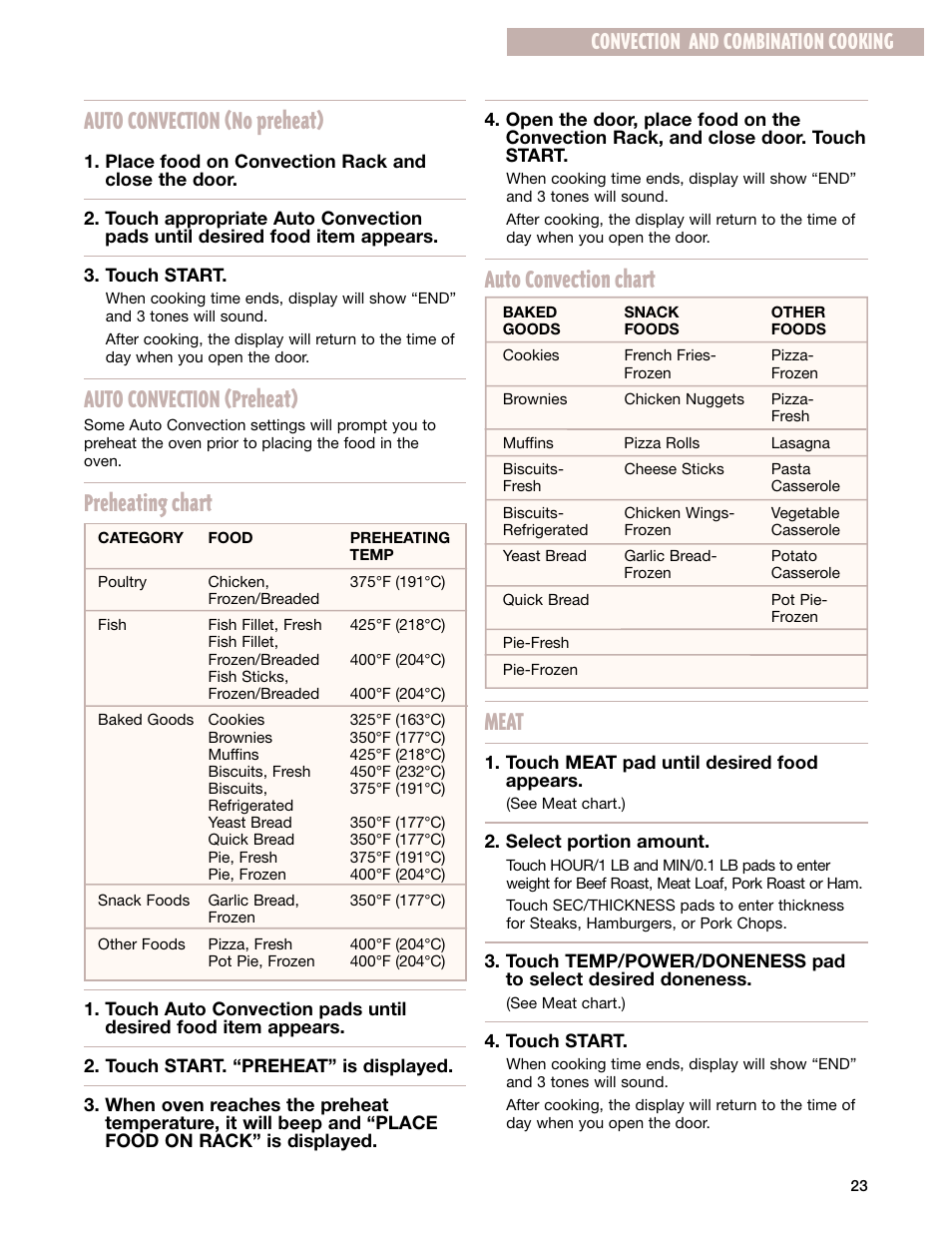 Auto convection (no preheat), Auto convection (preheat), Preheating chart | Auto convection chart meat, Convection and combination cooking | Whirlpool GM8155XJ User Manual | Page 23 / 60