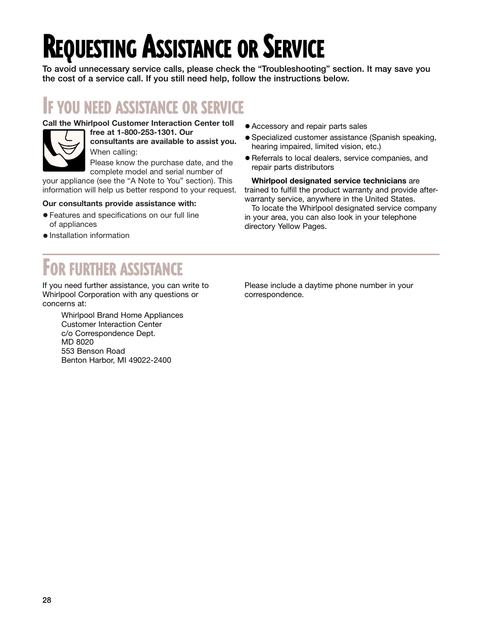 Requesting assistance or service, Equesting, Ssistance or | Ervice, F you need assistance or service, Or further assistance | Whirlpool GM8155XJ User Manual | Page 28 / 60