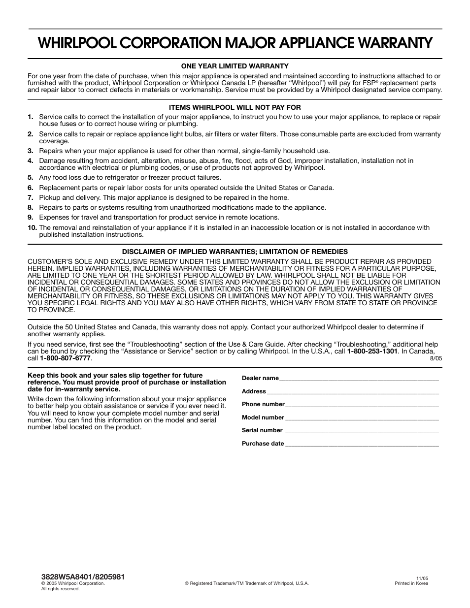 Warranty, Whirlpool corporation major appliance warranty | Whirlpool GM8155XJ User Manual | Page 29 / 60