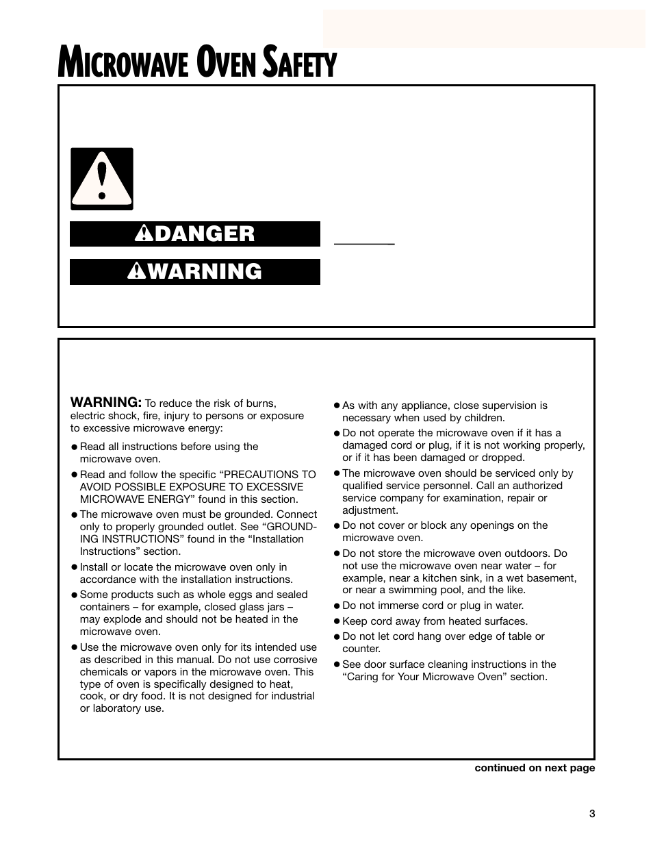 Safety, Icrowave, Afety | Wdanger w warning, Important safety instructions, Save these instructions | Whirlpool GM8155XJ User Manual | Page 3 / 60