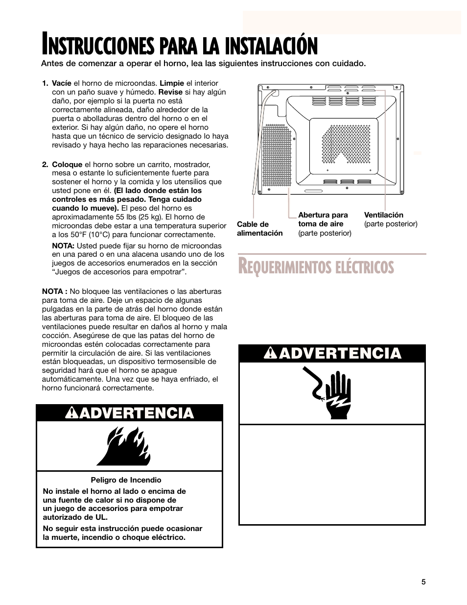 Instrucciones para la instalaciîn, Nstrucciones para la instalación, Equerimientos eléctricos | Wadvertencia | Whirlpool GM8155XJ User Manual | Page 34 / 60