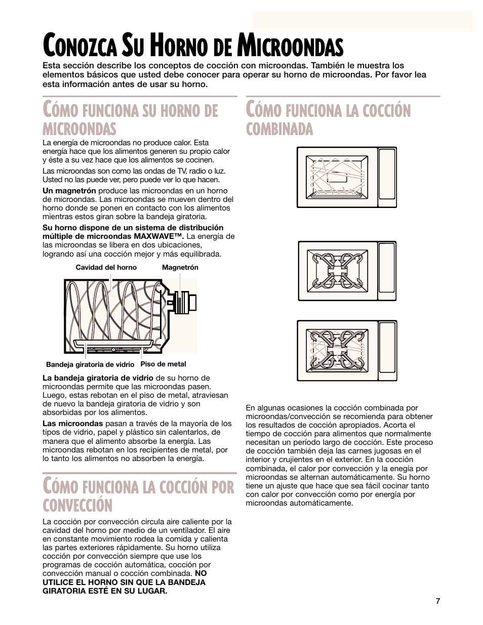 Conozca su horno de microondas, Onozca, Orno de | Icroondas, Ómo funciona la cocción combinada, Ómo funciona su horno de microondas, Ómo funciona la cocción por convección | Whirlpool GM8155XJ User Manual | Page 36 / 60