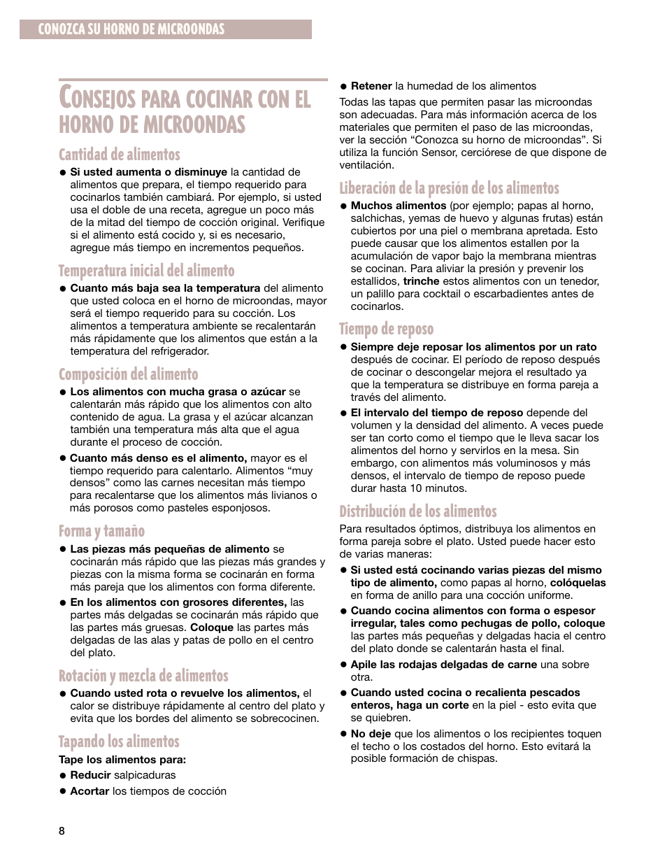 Onsejos para cocinar con el horno de microondas, Liberación de la presión de los alimentos, Tiempo de reposo | Distribución de los alimentos, Cantidad de alimentos, Temperatura inicial del alimento, Composición del alimento, Forma y tamaño, Rotación y mezcla de alimentos, Tapando los alimentos | Whirlpool GM8155XJ User Manual | Page 37 / 60