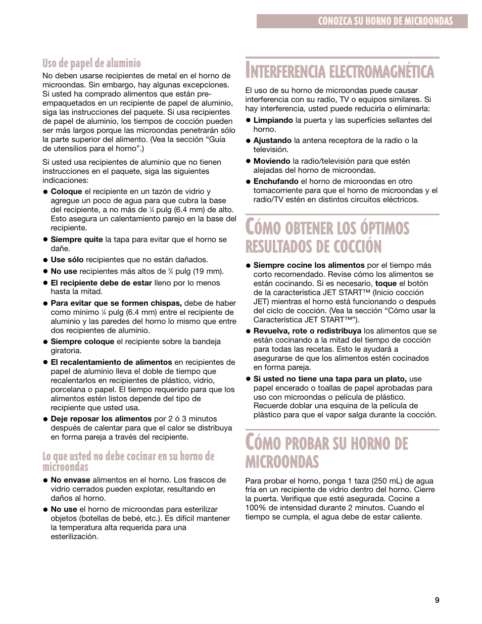 Nterferencia electromagnética, Ómo obtener los óptimos resultados de cocción, Ómo probar su horno de microondas | Uso de papel de aluminio, Conozca su horno de microondas | Whirlpool GM8155XJ User Manual | Page 38 / 60