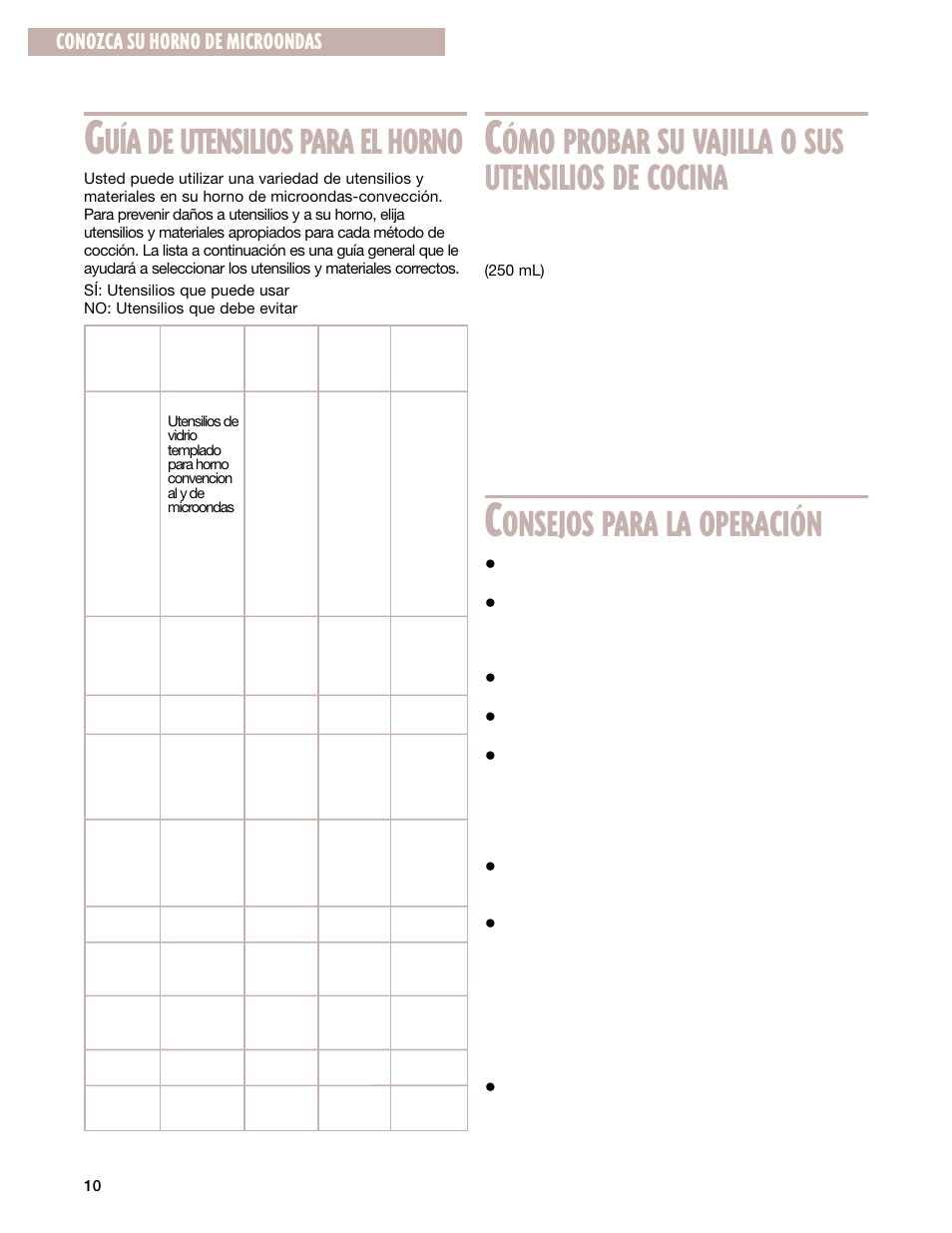 Uía de utensilios para el horno, Ómo probar su vajilla o sus utensilios de cocina, Onsejos para la operación | Conozca su horno de microondas | Whirlpool GM8155XJ User Manual | Page 39 / 60