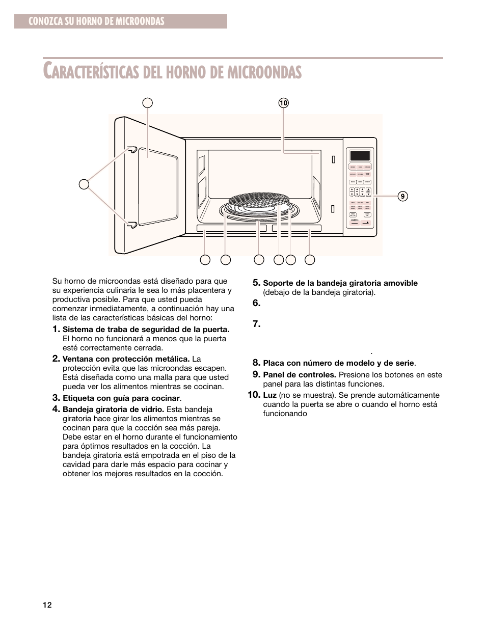 Aracterísticas del horno de microondas, Conozca su horno de microondas, Etiqueta con guía para cocinar | Placa con número de modelo y de serie, Enter, Cancel | Whirlpool GM8155XJ User Manual | Page 41 / 60