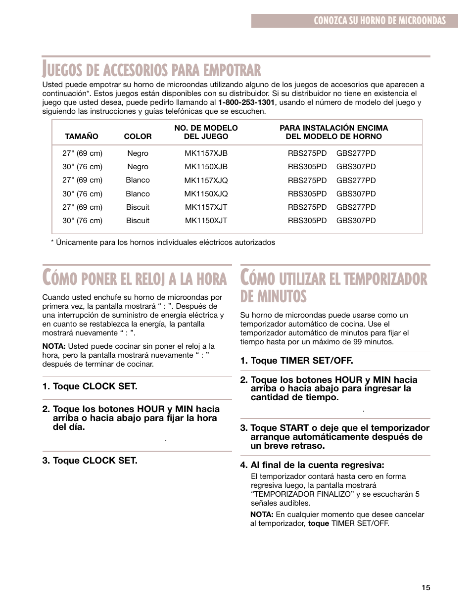 Ómo poner el reloj a la hora, Ómo utilizar el temporizador de minutos, Uegos de accesorios para empotrar | Conozca su horno de microondas | Whirlpool GM8155XJ User Manual | Page 44 / 60