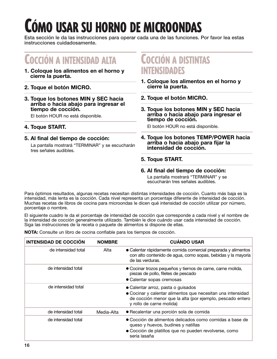 Cîmo usar su horno de microondas, Ómo usar su horno de microondas, Occión a intensidad alta | Occión a distintas intensidades | Whirlpool GM8155XJ User Manual | Page 45 / 60