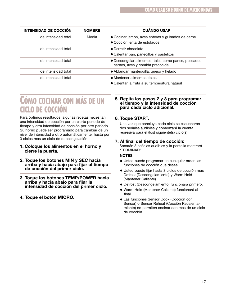 Ómo cocinar con más de un ciclo de cocción, Cómo usar su horno de microondas | Whirlpool GM8155XJ User Manual | Page 46 / 60