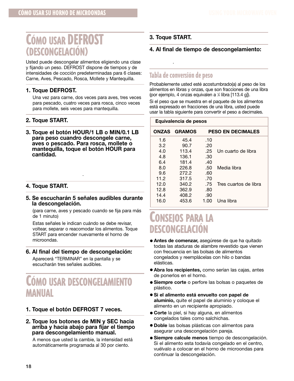 Defrost, Ómo usar, Descongelación | Ómo usar descongelamiento manual, Onsejos para la descongelación, Tabla de conversión de peso, Using your microwave oven, Cómo usar su horno de microondas | Whirlpool GM8155XJ User Manual | Page 47 / 60