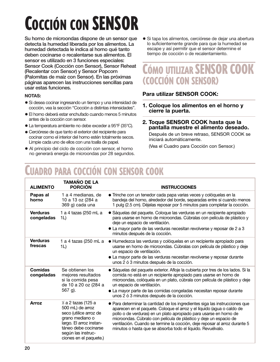 Cocciîn con sensor, Sensor, Occión con | Sensor cook, Ómo utilizar, Cocción con sensor, Uadro para cocción con sensor cook | Whirlpool GM8155XJ User Manual | Page 49 / 60