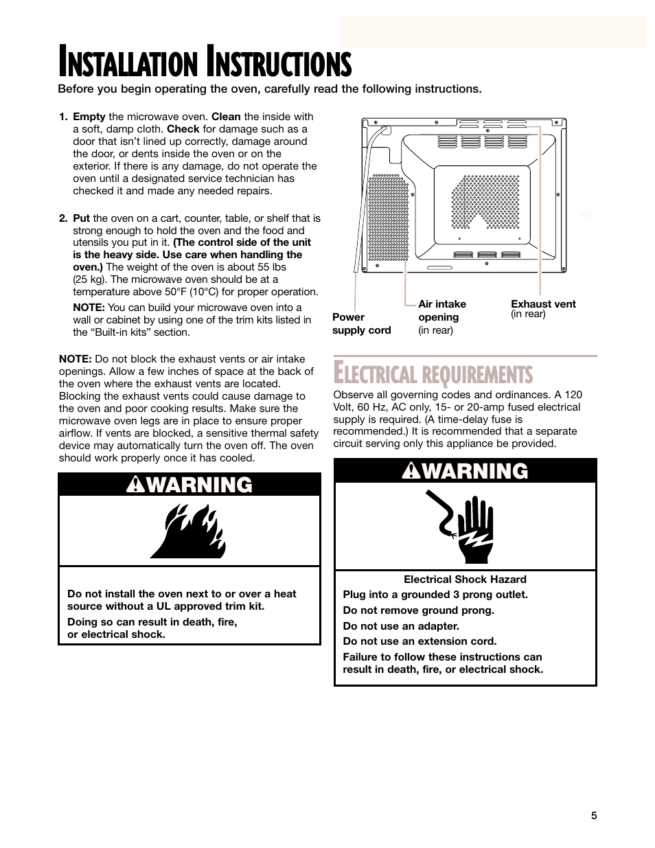 Installation instructions, Nstallation, Nstructions | Lectrical requirements, Wwarning | Whirlpool GM8155XJ User Manual | Page 5 / 60