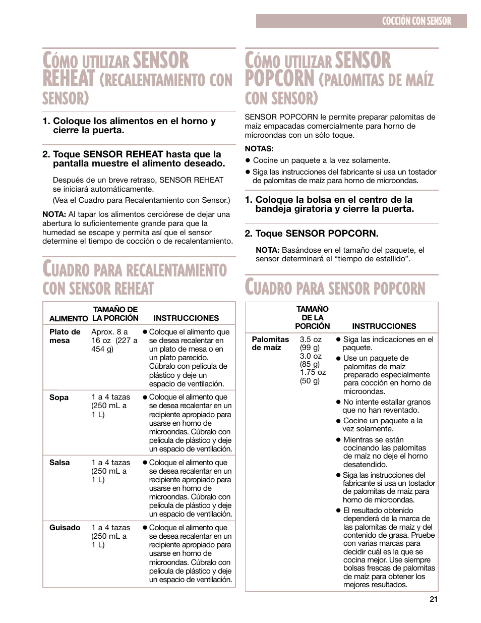 Sensor popcorn, Sensor reheat, Ómo utilizar | Palomitas de maíz con sensor, Uadro para sensor popcorn, Uadro para recalentamiento con sensor reheat, Recalentamiento con sensor | Whirlpool GM8155XJ User Manual | Page 50 / 60