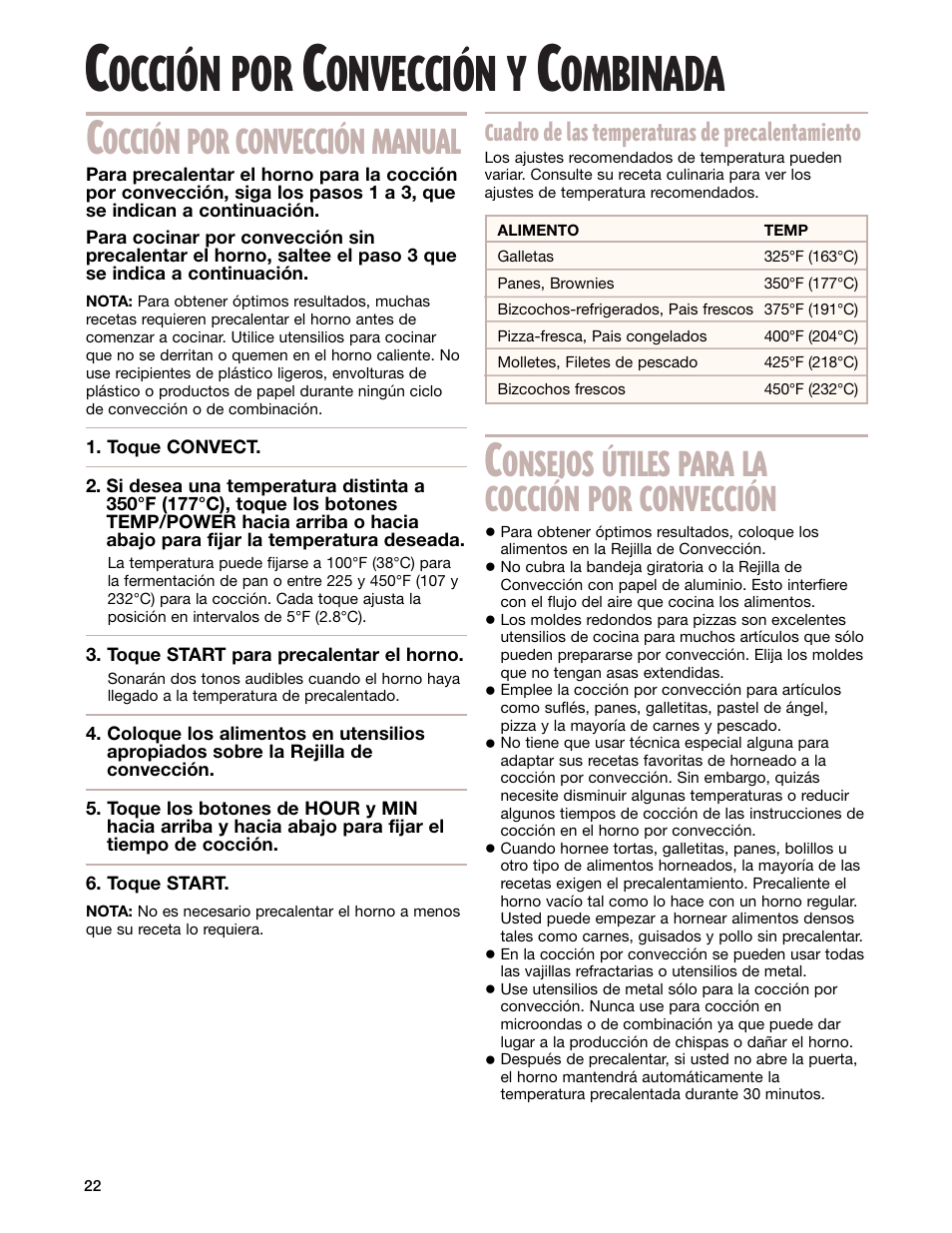 Cocciîn por convecciîn y combinada, Occión por, Onvección y | Ombinada, Occión por convección manual, Onsejos útiles para la cocción por convección | Whirlpool GM8155XJ User Manual | Page 51 / 60