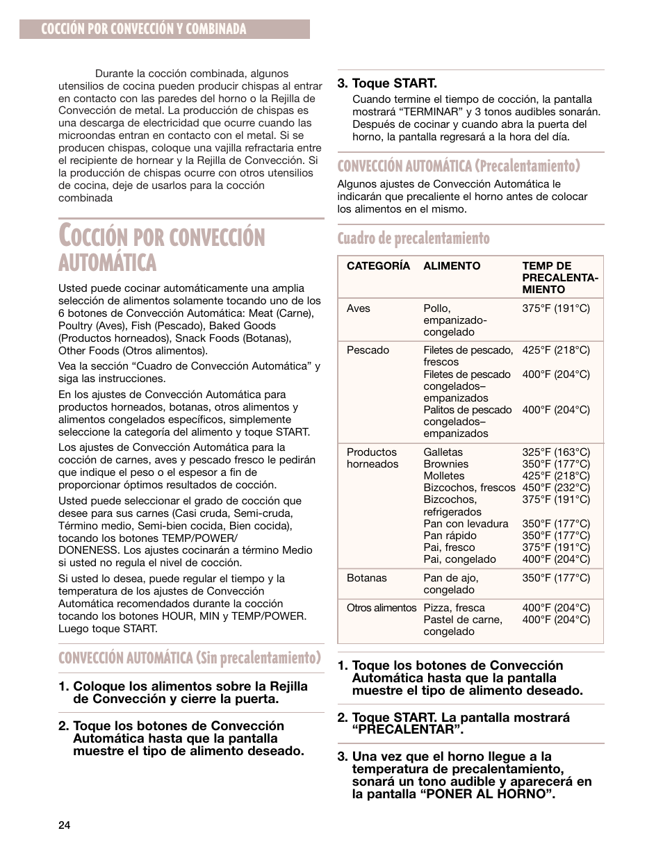 Occión por convección automática, Convección automática (sin precalentamiento), Convección automática (precalentamiento) | Cuadro de precalentamiento, Cocción por convección y combinada | Whirlpool GM8155XJ User Manual | Page 53 / 60