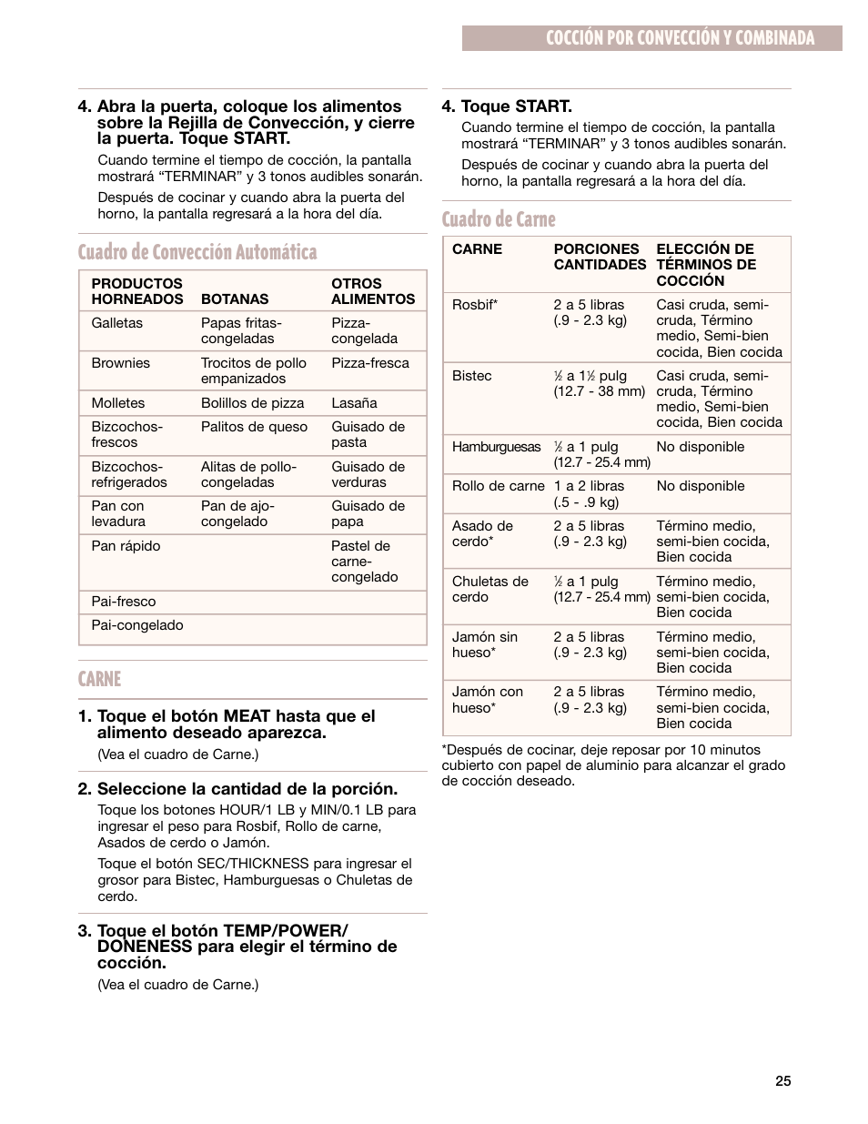 Cuadro de convección automática carne, Cuadro de carne, Cocción por convección y combinada | Whirlpool GM8155XJ User Manual | Page 54 / 60