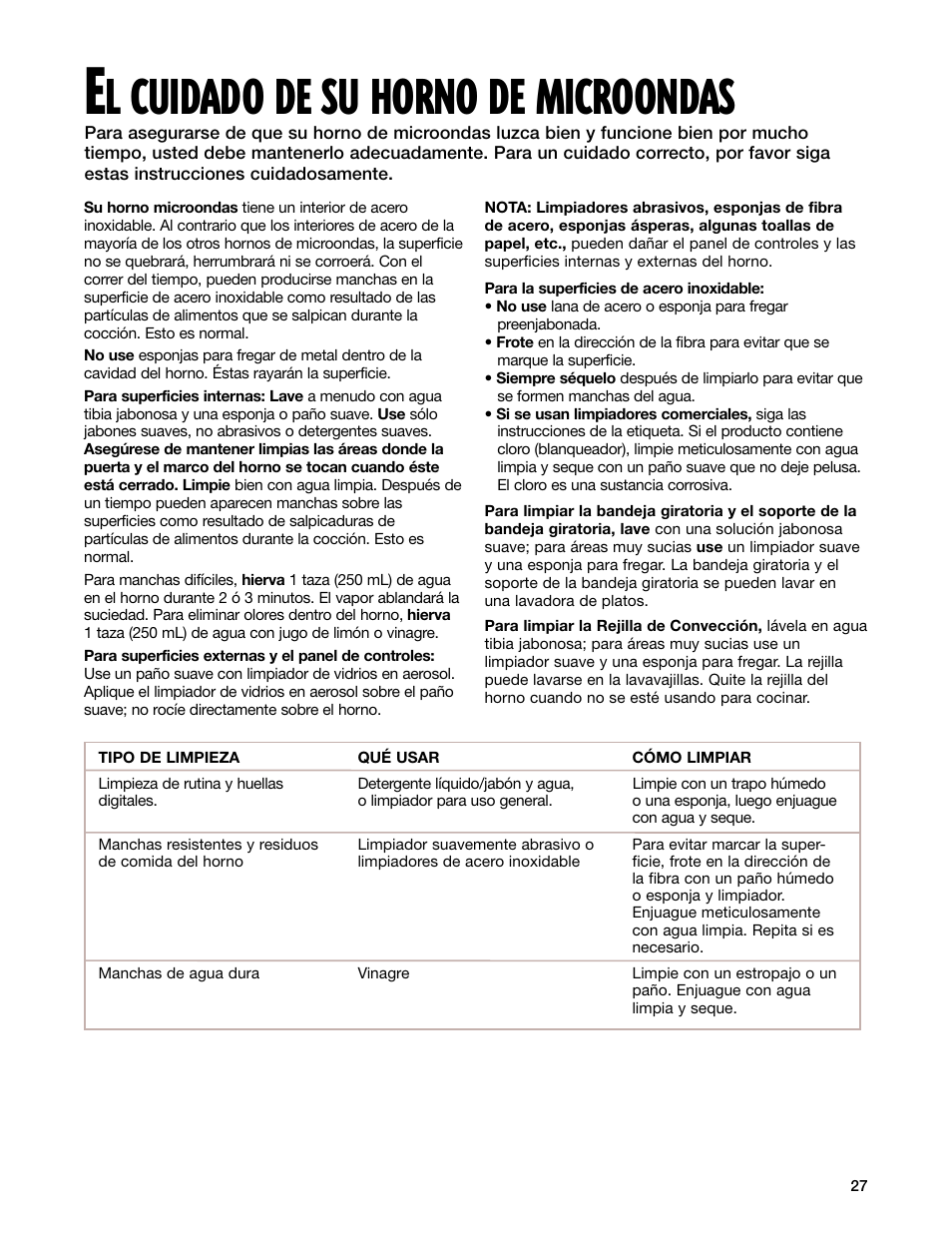 El cuidado de su horno de microondas, L cuidado de su horno de microondas | Whirlpool GM8155XJ User Manual | Page 56 / 60