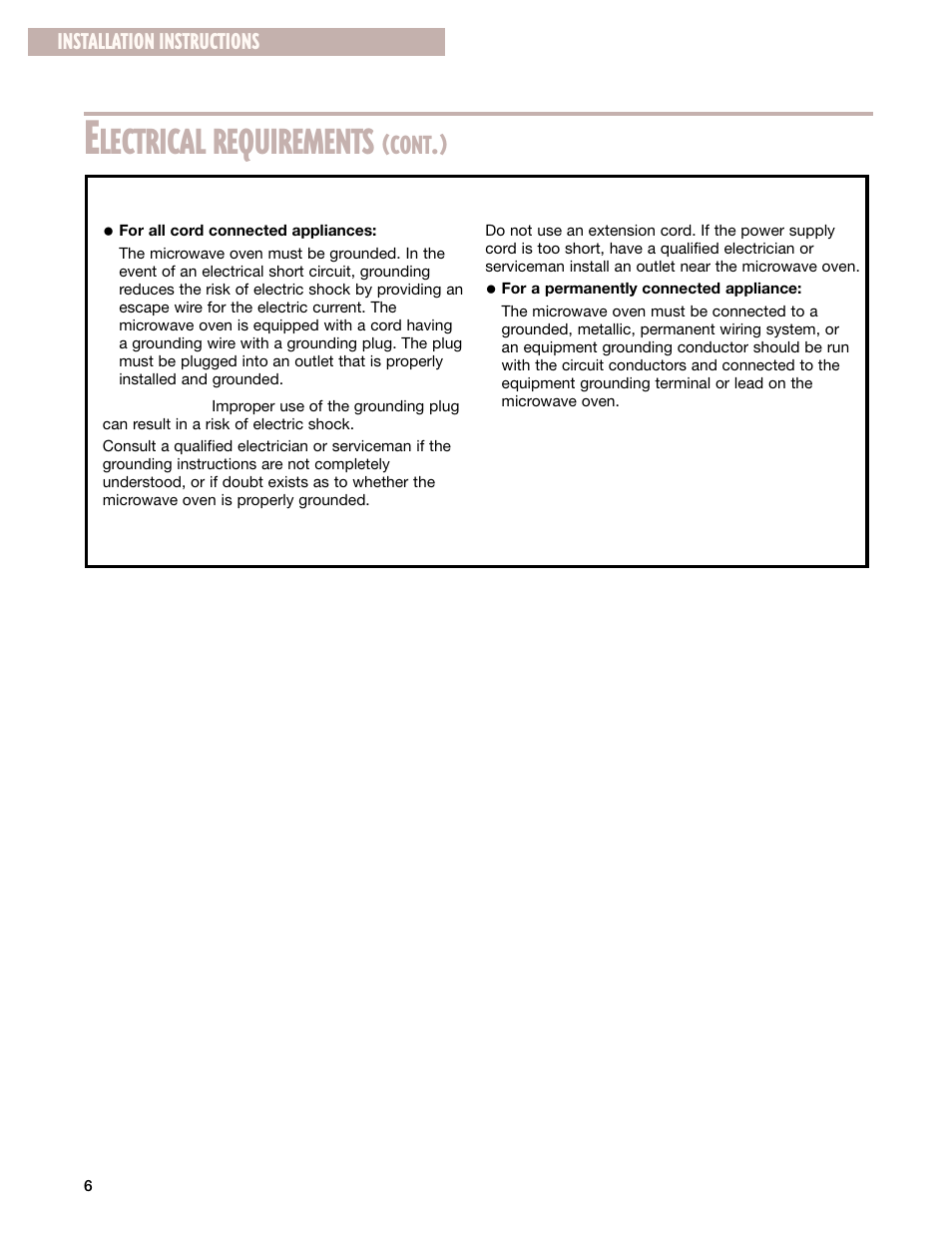 Lectrical requirements, Cont, Grounding instructions | Save these instructions | Whirlpool GM8155XJ User Manual | Page 6 / 60