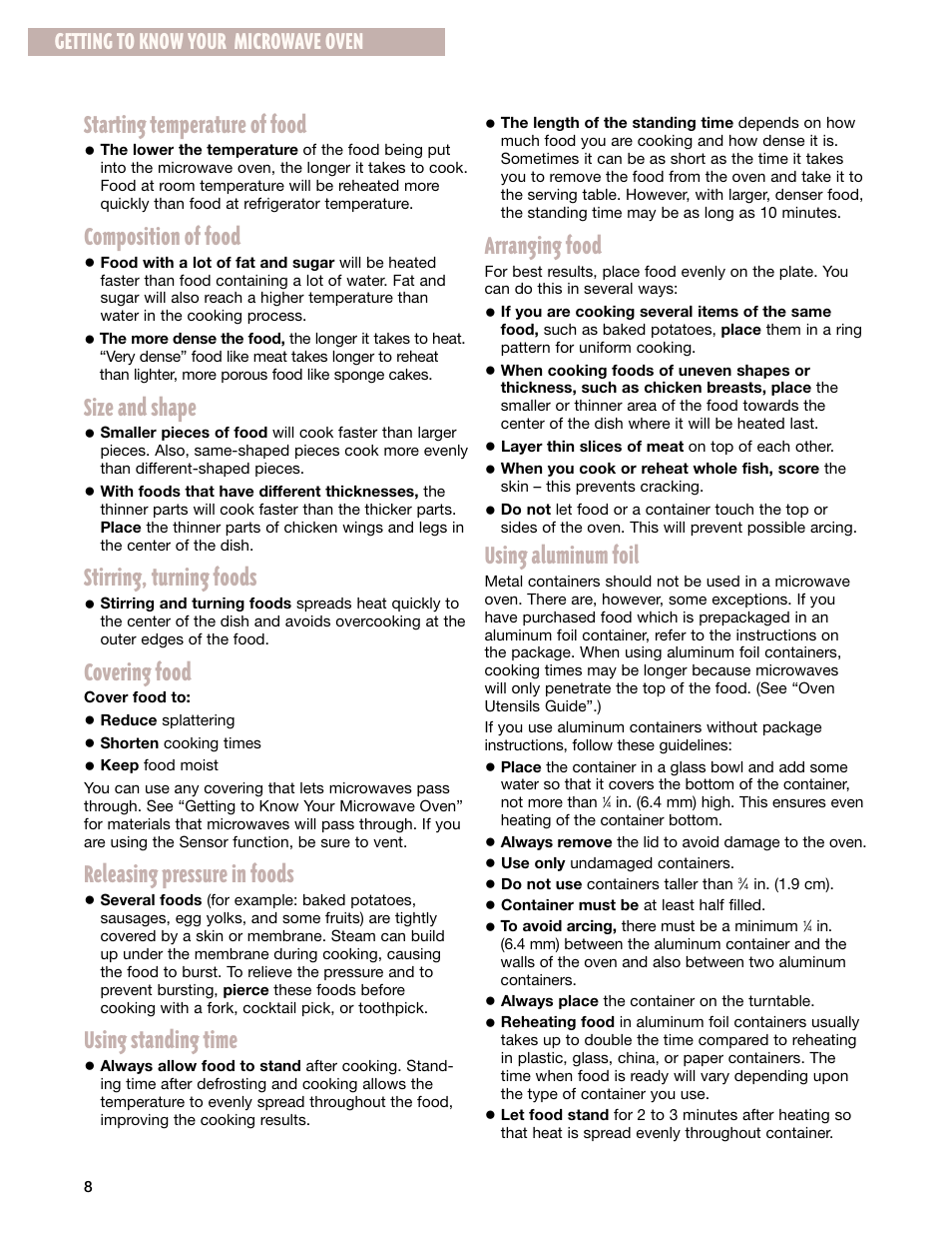 Arranging food, Using aluminum foil, Starting temperature of food | Composition of food, Size and shape, Stirring, turning foods, Covering food, Releasing pressure in foods, Using standing time, Getting to know your microwave oven | Whirlpool GM8155XJ User Manual | Page 8 / 60