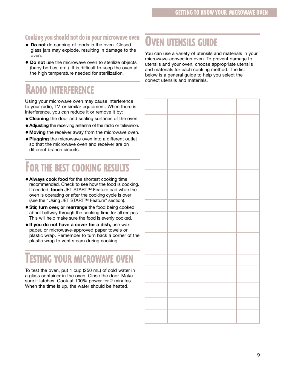Radio interference, For the best cooking results, Testing your microwave oven | Oven utensils guide, Adio interference, Or the best cooking results, Esting your microwave oven, Ven utensils guide, Cooking you should not do in your microwave oven, Getting to know your microwave oven | Whirlpool GM8155XJ User Manual | Page 9 / 60