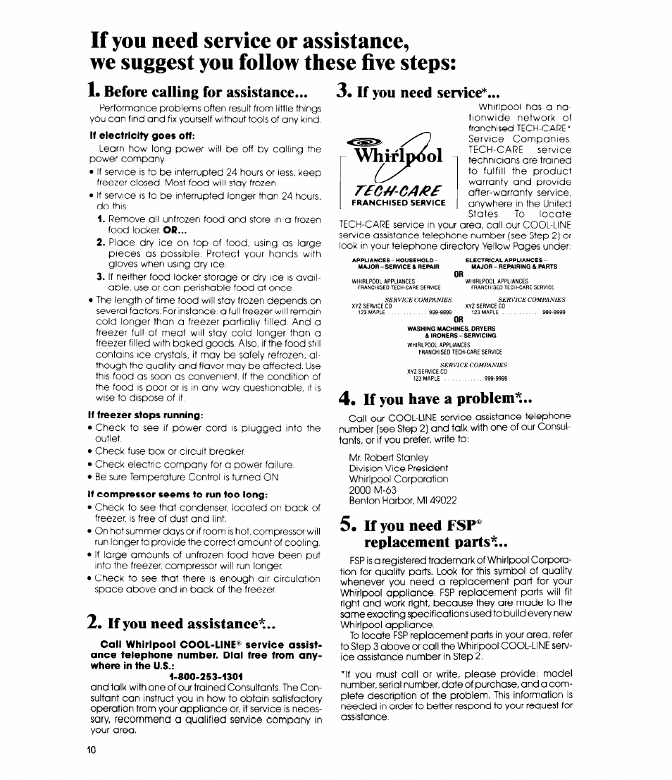 If you need assistanee, If you need seniee, 4« if you have a problem | If you need fsp® replacement parts, Whirip^l, Before calling for assistance, If you have a problem | Whirlpool EV150C User Manual | Page 10 / 12